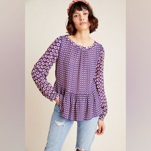 Maeve by Anthropologie Mixed Print Peplum Blouse Boho Chic Long Sleeve Top Small